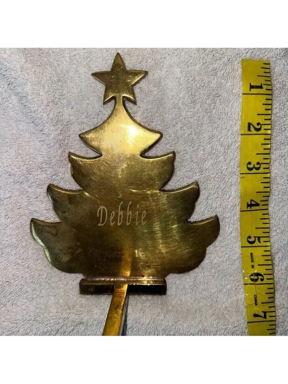 Vintage Solid Brass Tree Silhouette Christmas Stocking Hanger Flat Etched Debbie